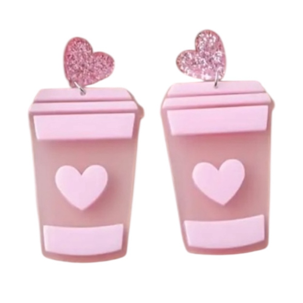 Pink Heart Coffee Cup Dangle Earrings